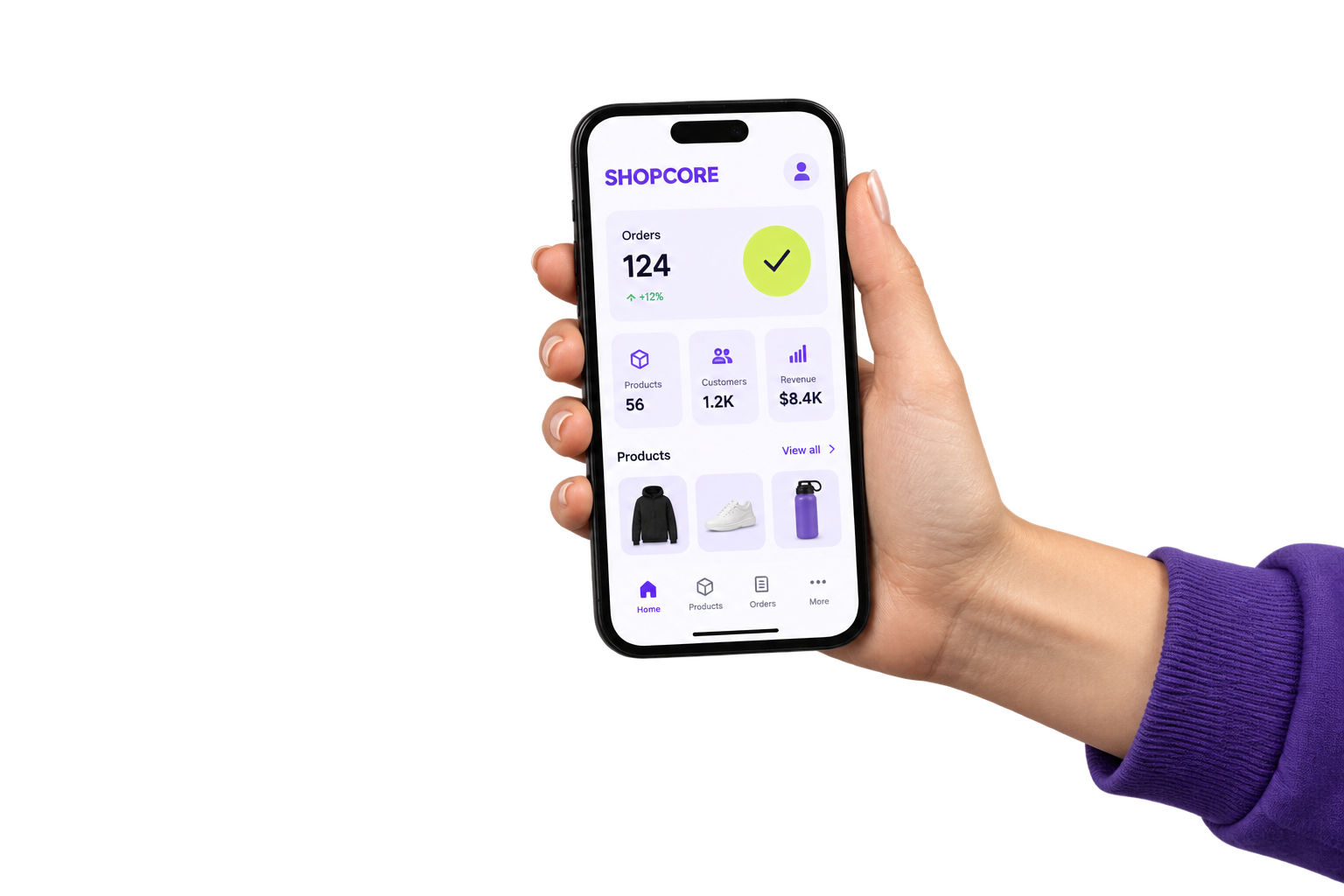 Рука тримає телефон з ілюстрацією застосунку SHOPCORE